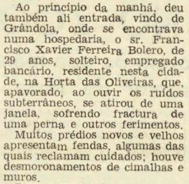 Article in O Século March 1, 1969 about man who threw himself out of the window during the earthquake and broke his leg 